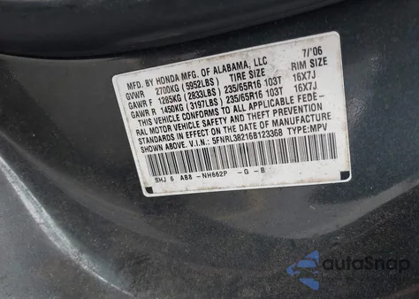 2006 Honda Odyssey Lx from USA, damaged, VIN 5FNRL38216B123368